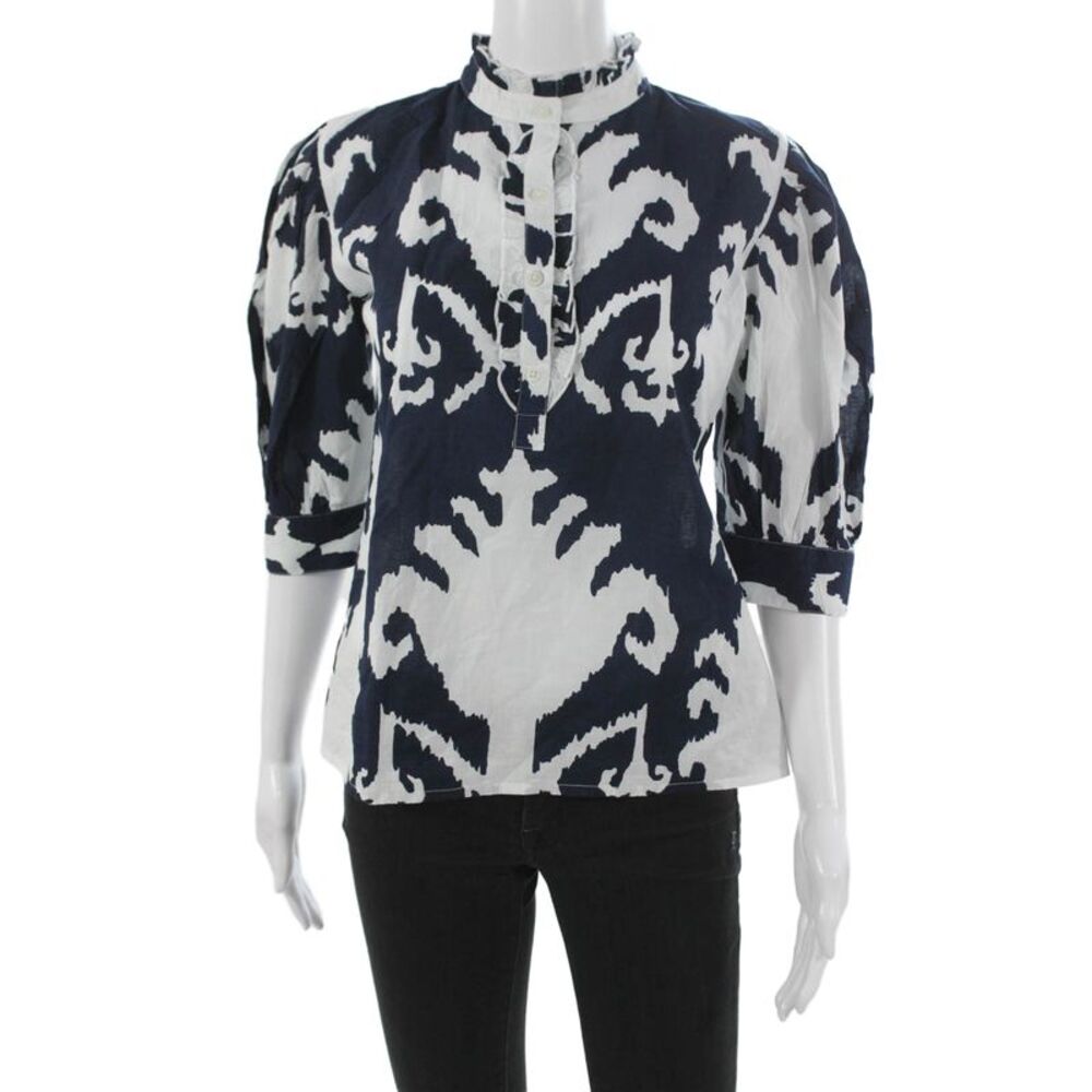 Madison Mathews Women Tunic Blouse Blue Geometric 3/4 Sleeve Cotton Size S